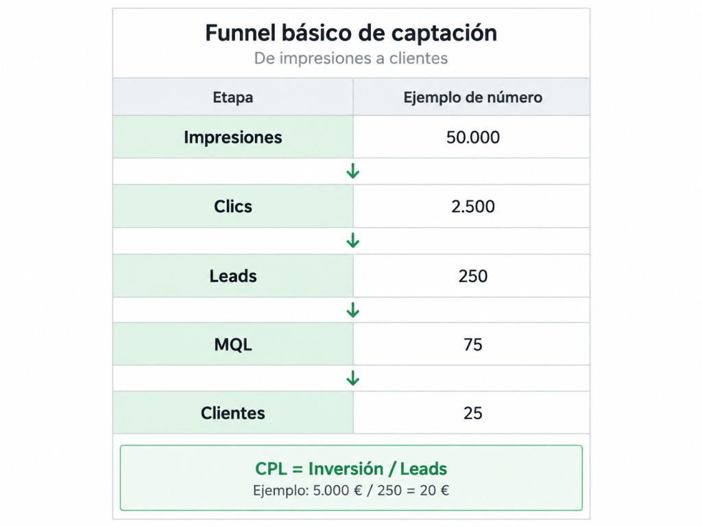 El CPL mide el coste de generar un lead, pero el funnel continúa hasta la adquisición del cliente.