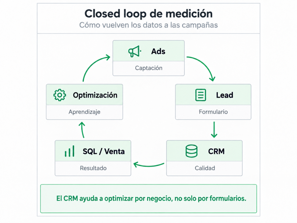 [INFOGRAFÍA 3: Bucle Ads → Lead → CRM → SQL/Venta → Ads]